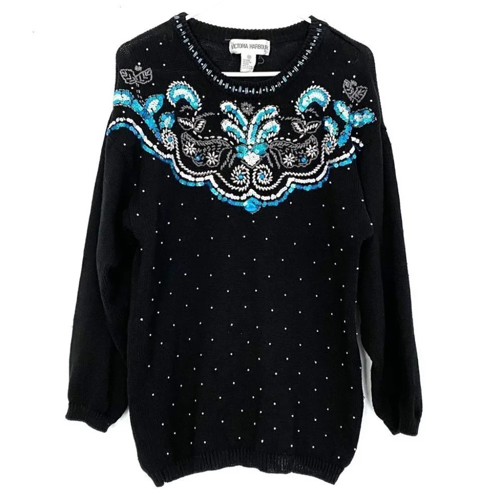 Vintage 80s Grannycore Embellished Pullover Sweater Black Beaded Womens Medium